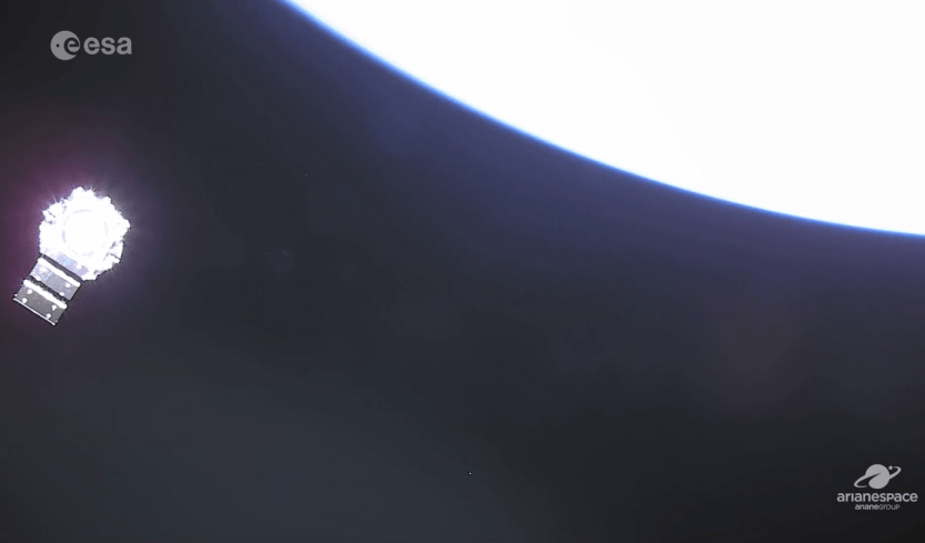 JWST with its solar panel deployed, shortly after release from the Ariane 5 launch vehicle. Credits: NASA, ESA