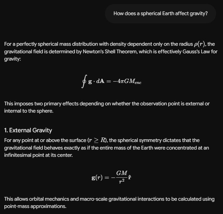 Diagram explaining how a spherical Earth affects gravity using Newton's Shell Theorem, including mathematical equations for external gravity and gravitational field behavior.