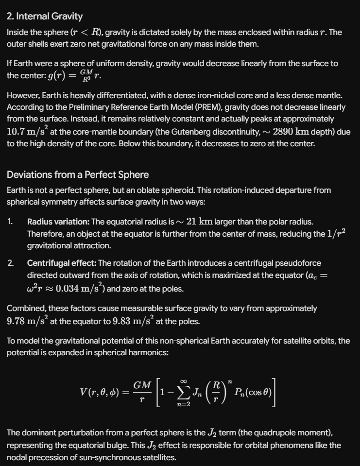 Diagram explaining internal gravity and deviations from a perfect sphere of the Earth, detailing how gravitational force varies within the Earth and the impact of its oblate shape on gravity.