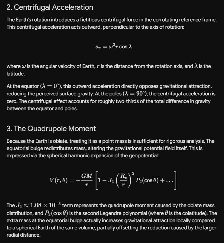 An educational text explaining centrifugal acceleration and the quadrupole moment related to Earth's gravitational forces, including equations and descriptions of concepts such as perceived surface gravity at the equator and poles.