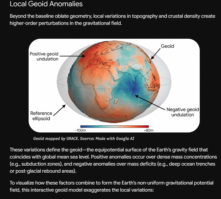 A 3D map illustrating local geoid anomalies with positive and negative geoid undulations. The image shows variations in topography and crustal density affecting the Earth's gravitational field. Reference ellipsoid is indicated, with color gradients representing height differences.