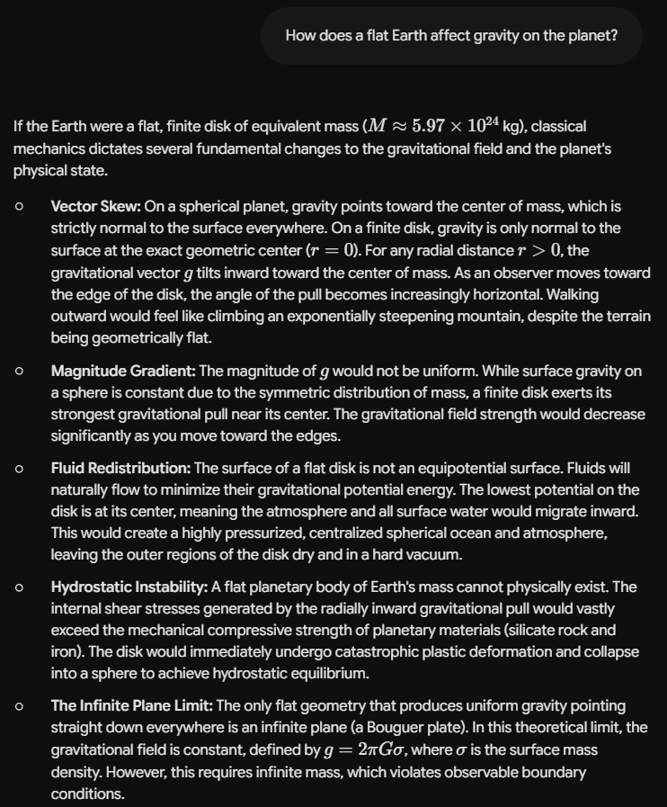 Text discussing how a flat Earth would alter gravity, including concepts such as vector skew, magnitude gradient, fluid redistribution, hydrostatic instability, and the infinite plane limit.
