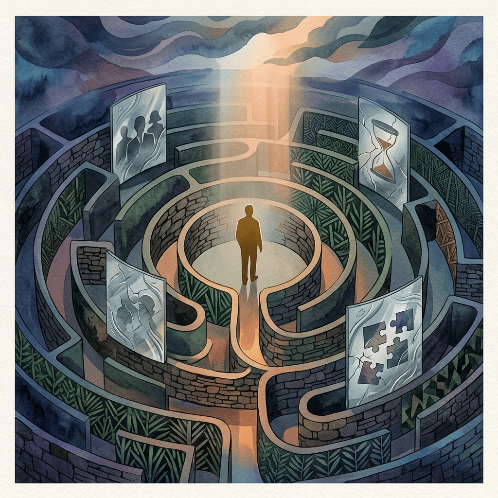 Lone figure standing at the center of a symbolic stone maze